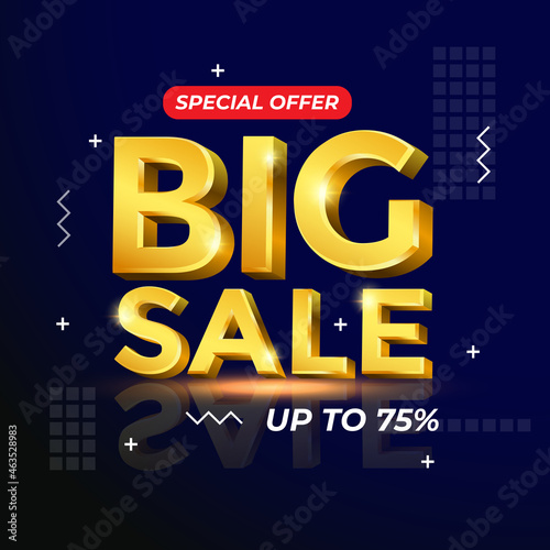 Big sale glossy gold text vector in 3d style isolated on dark background with reflection for marketing design