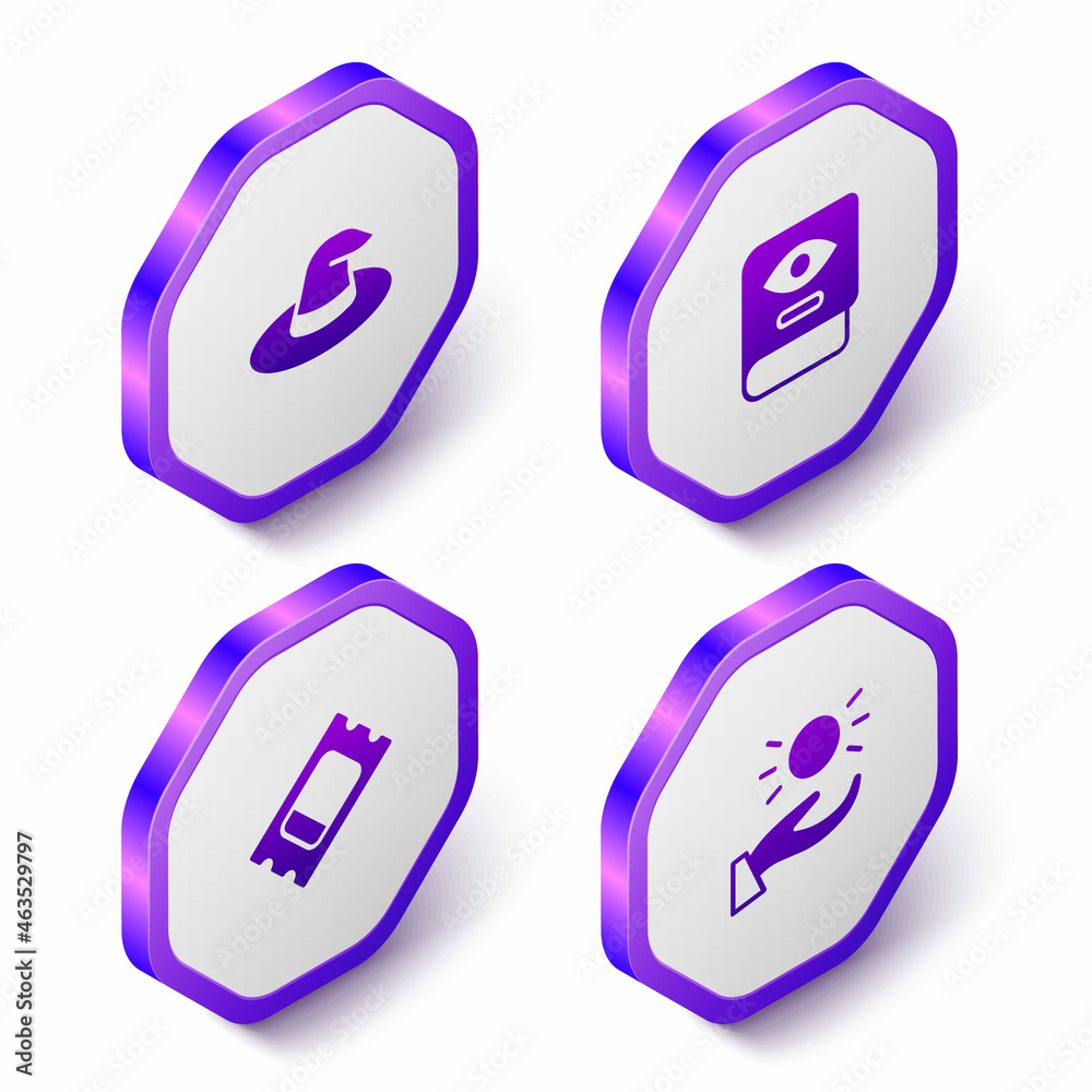 Set Isometric Witch hat, Ancient magic book, Circus ticket and Ball levitating above hand icon. Purple hexagon button. Vector Set Isometric Witch hat, Ancient magic book, Circus ticket and Ball levitating above hand icon. Purple hexagon button. Vector