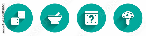 Set Game dice, Witch cauldron, Mystery box and Psilocybin mushroom icon with long shadow. Vector