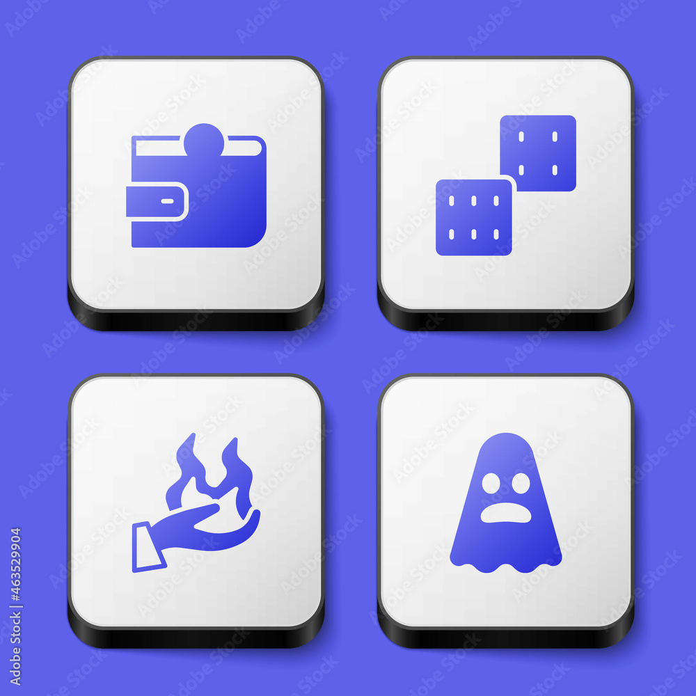 Set Wallet, Game dice, Hand holding fire and Ghost icon. White square button. Vector Set Wallet, Game dice, Hand holding fire and Ghost icon. White square button. Vector