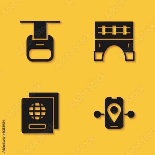 Set Cable car, Route location, Passport and Bridge for train icon with long shadow. Vector