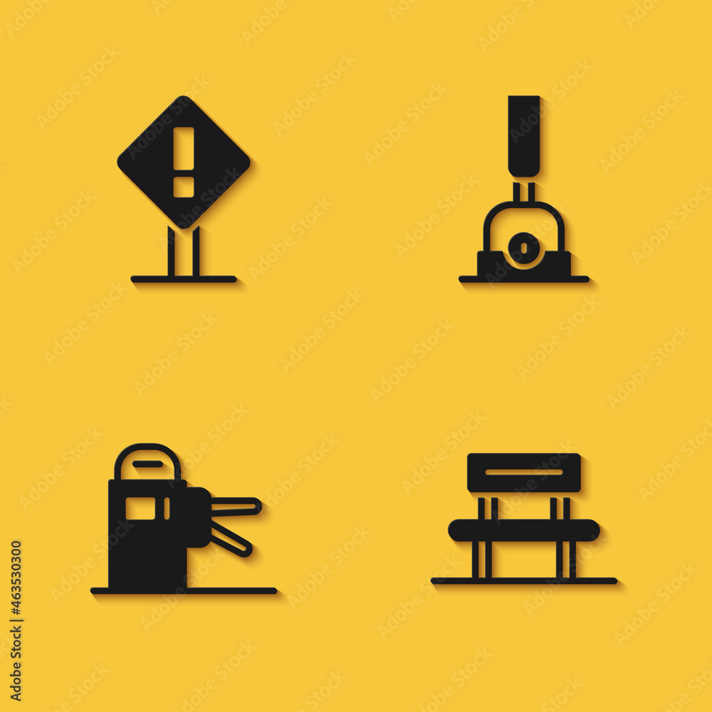 Set Exclamation mark in square, Waiting hall, Turnstile and Arrow for switching the railway icon with long shadow. Vector Set Exclamation mark in square, Waiting hall, Turnstile and Arrow for switching the railway icon with long shadow. Vector