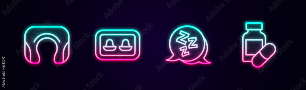 Set line Travel neck pillow, Earplugs with storage box, Sleepy and Sleeping. Glowing neon icon. Vector