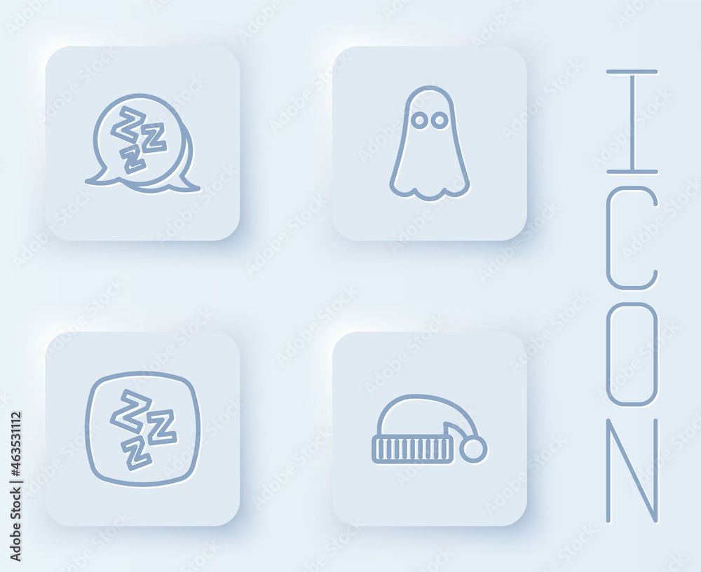 Set line Sleepy, Ghost, and Sleeping hat. White square button. Vector