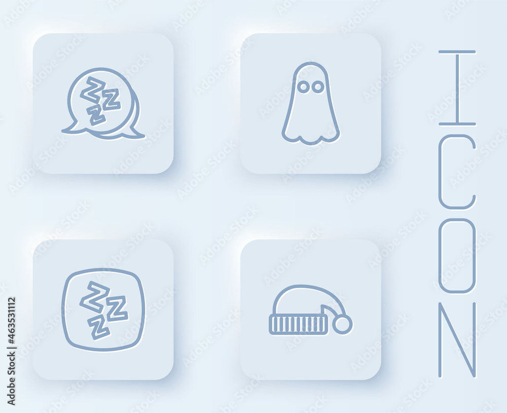 Set line Sleepy, Ghost, and Sleeping hat. White square button. Vector Set line Sleepy, Ghost, and Sleeping hat. White square button. Vector