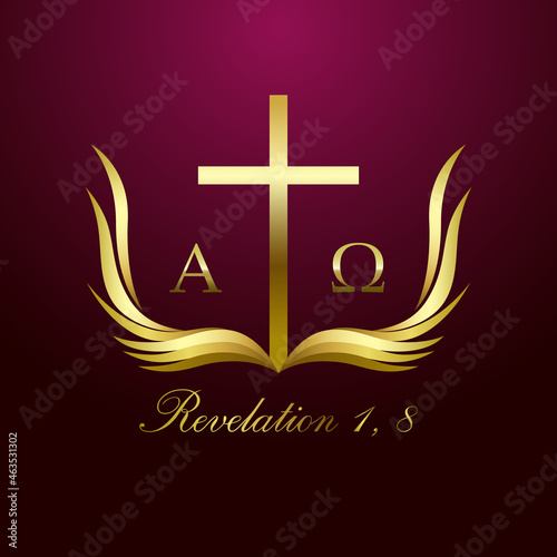 Cross and book logotype concept. Open book, cross and flying pages. Logo idea. I am Alpha and Omega, the beginning and the ending symbol from Revelation 1, 8. Isolated abstract graphic design template