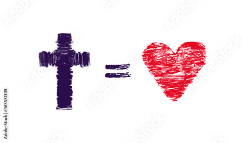 God is love paint symbol. Brushing stroke drawing grunge style, t-shirt graphic. Handdrawing stylish icon concept. Religious modern sign. Jesus cross equals heart. Isolated abstract design template.