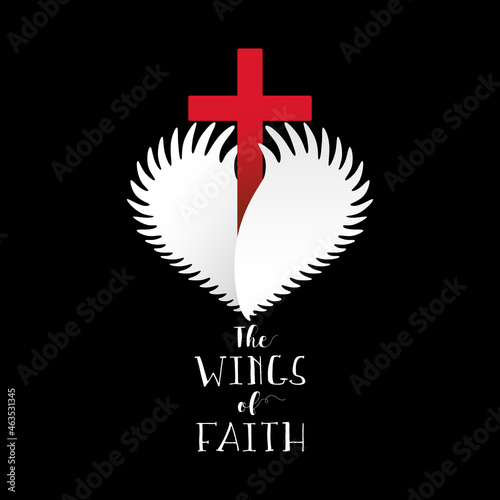 Christian logo consept. The wings of faith. Paper heart as wings and Jesus cross. Creative greeting card. Religious modern sign. Angel's wings. Isolated abstract design template. Holiday decoration.