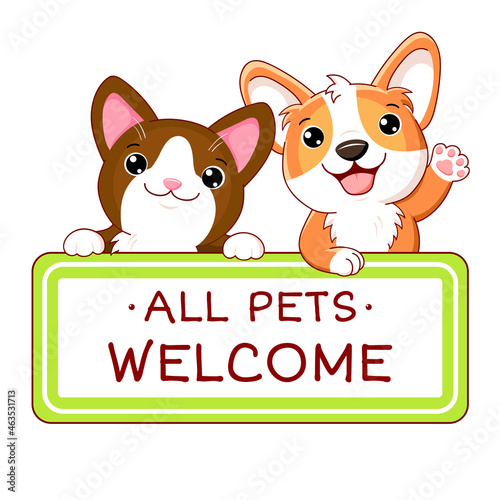 Kawaii corgi puppy and kitty with pet friendly vector label. Stamp or sticker with pet friendly text. Vet clinic, shop label, sticker. Inscription All Pet Welcome. Vector EPS8