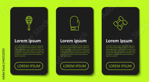 Set line Tennis racket, Boxing glove and Dumbbell. Business infographic template. Vector