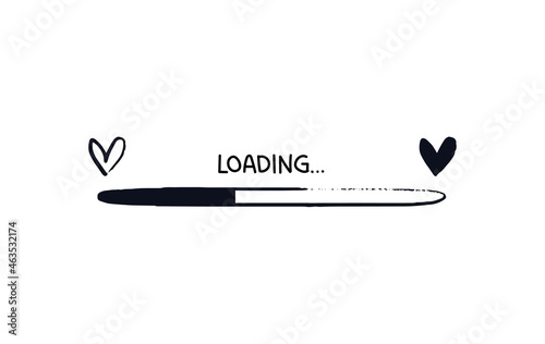 Oval loading bar with hearts. Hand drawn ellipse progress bar with love. Black on white concept of web page upload with caption above download status. Vector illustration isolated on white background.