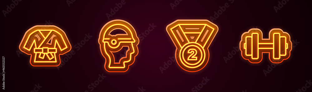 Obraz premium Set line Kimono, Baseball helmet, Medal and Dumbbell. Glowing neon icon. Vector