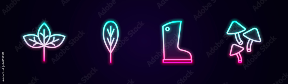 Set line Leaf, Waterproof rubber boot and Mushroom. Glowing neon icon. Vector Set line Leaf, Waterproof rubber boot and Mushroom. Glowing neon icon. Vector