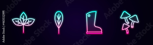 Set line Leaf, Waterproof rubber boot and Mushroom. Glowing neon icon. Vector