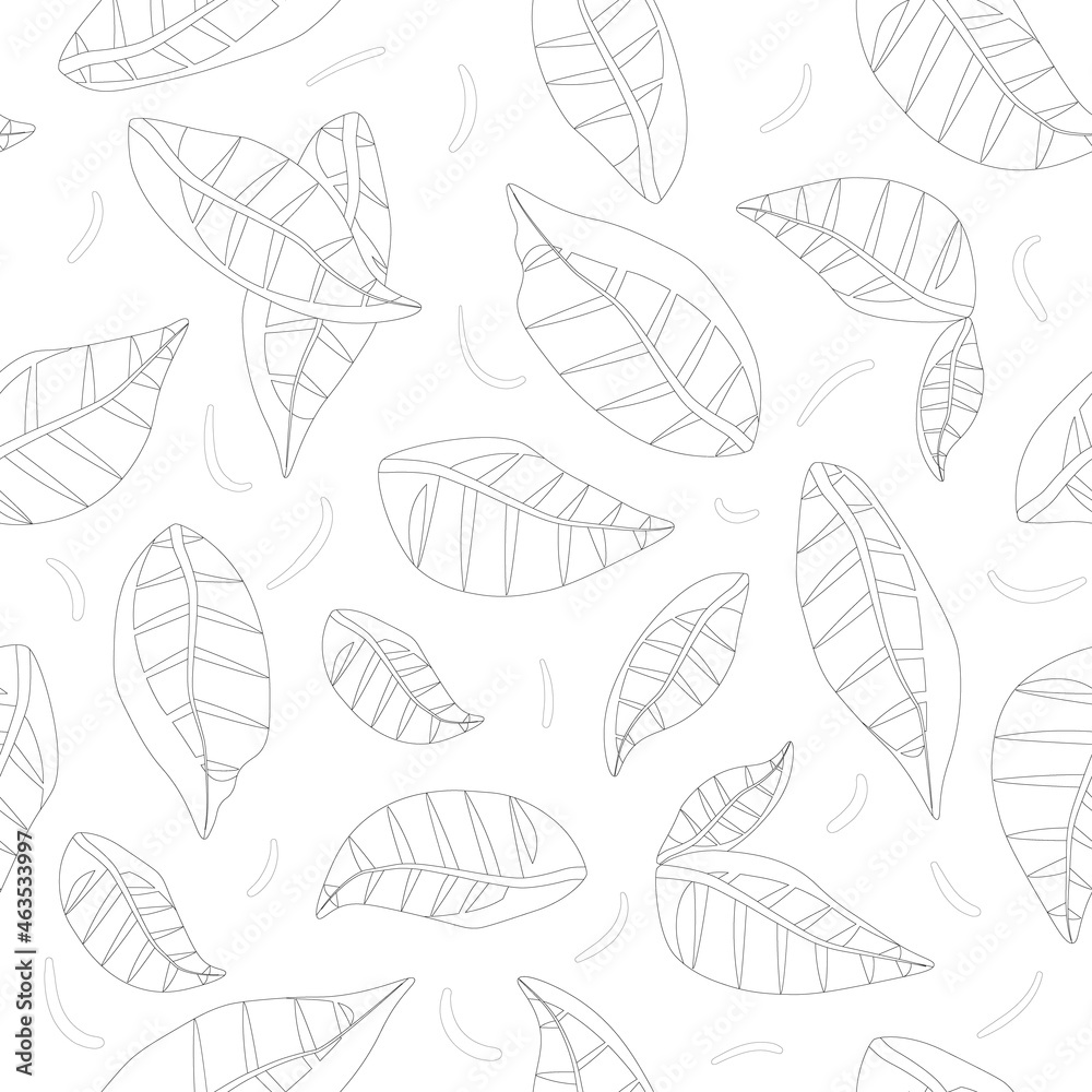 Graphic pattern of repeating abstract leaves, linear style.
