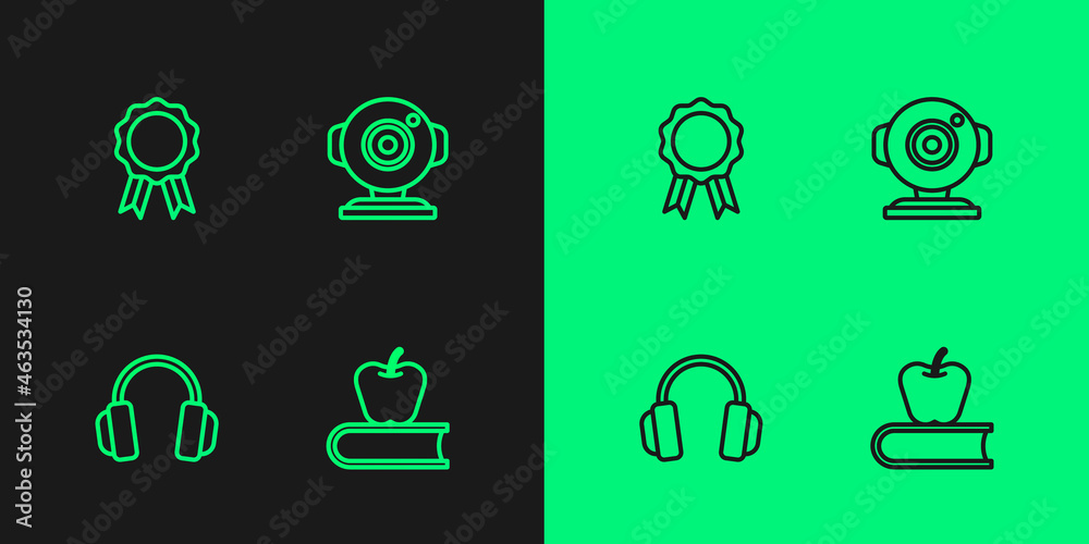 Set line Book with apple, Headphones, Online education diploma and Web camera icon. Vector Set line Book with apple, Headphones, Online education diploma and Web camera icon. Vector