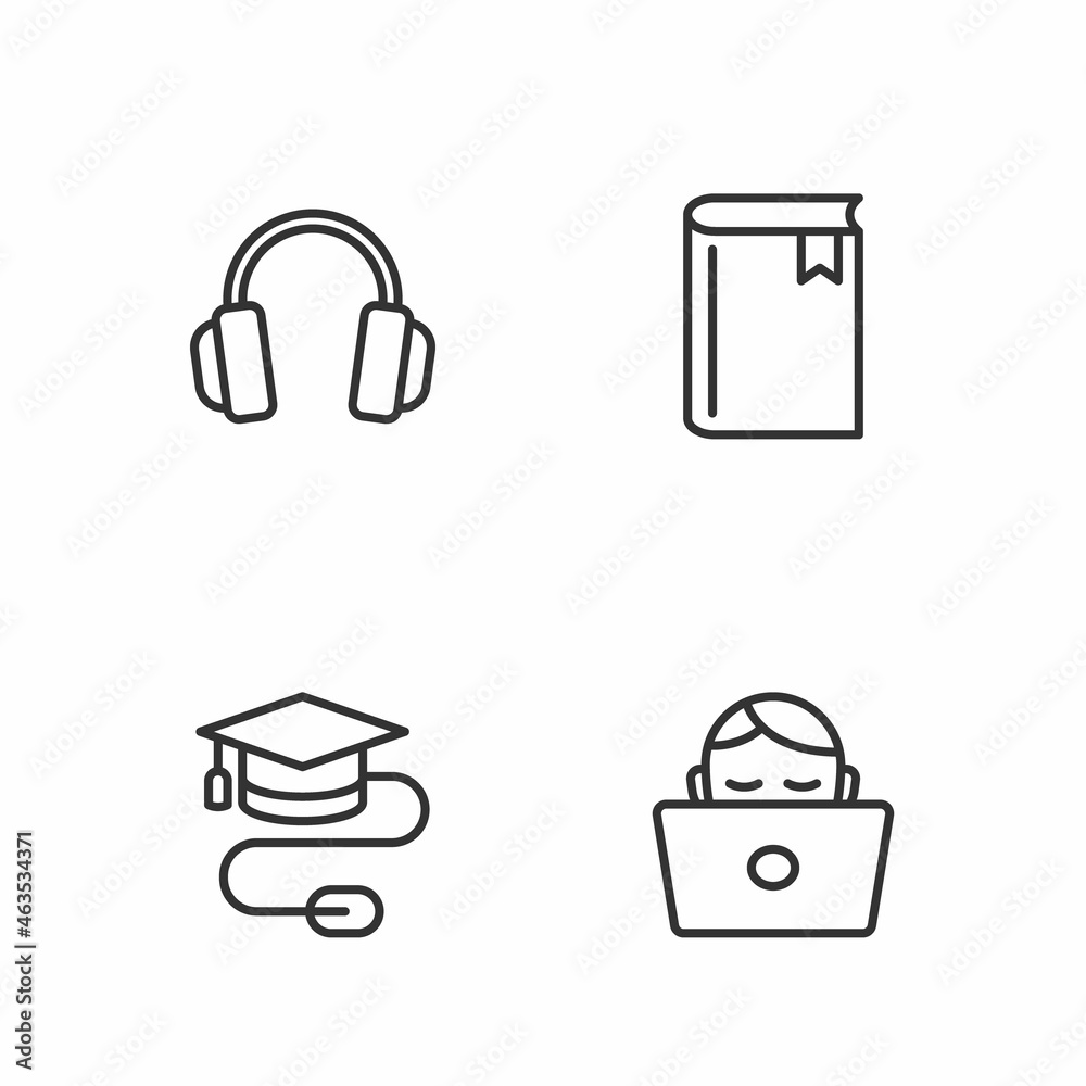 Set line Student working at laptop, Graduation cap with mouse, Headphones and Book icon. Vector Set line Student working at laptop, Graduation cap with mouse, Headphones and Book icon. Vector