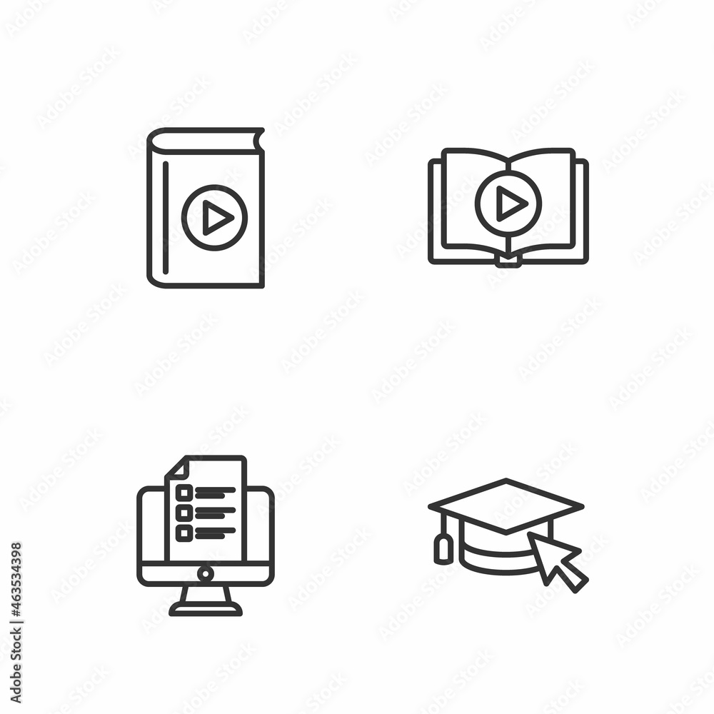 Set line Graduation cap with cursor, Online quiz, test, survey, Audio book and icon. Vector Set line Graduation cap with cursor, Online quiz, test, survey, Audio book and icon. Vector