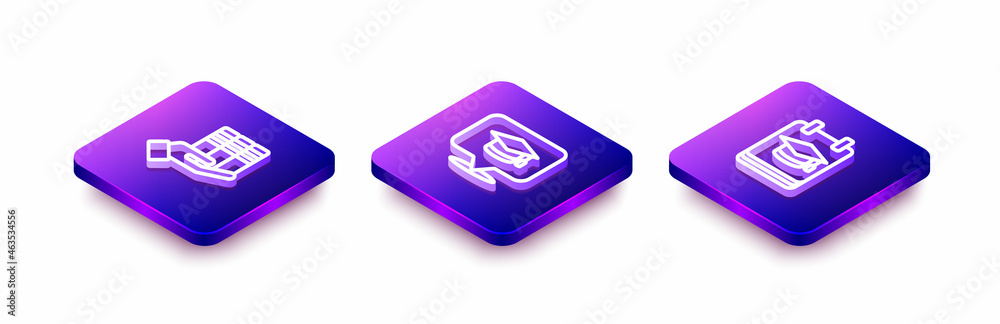 Set Isometric line Book donation, Graduation cap in speech bubble and Online education icon. Vector Set Isometric line Book donation, Graduation cap in speech bubble and Online education icon. Vector