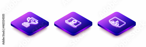 Set Isometric line Award cup, Online education with diploma and class icon. Vector