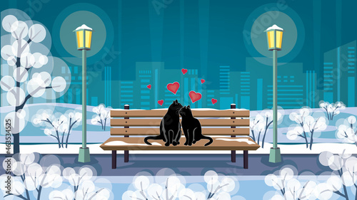 Valentine's day greeting card, night city park and cats in love on the bench, space for text, romantic scene, vector illustration.