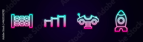 Set line Education logic game, Sport horizontal bar, Swing car and Rocket ship toy. Glowing neon icon. Vector