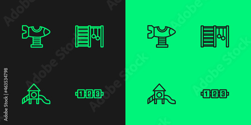 Set line Education logic game, Slide playground, Swing plane and Swedish wall icon. Vector