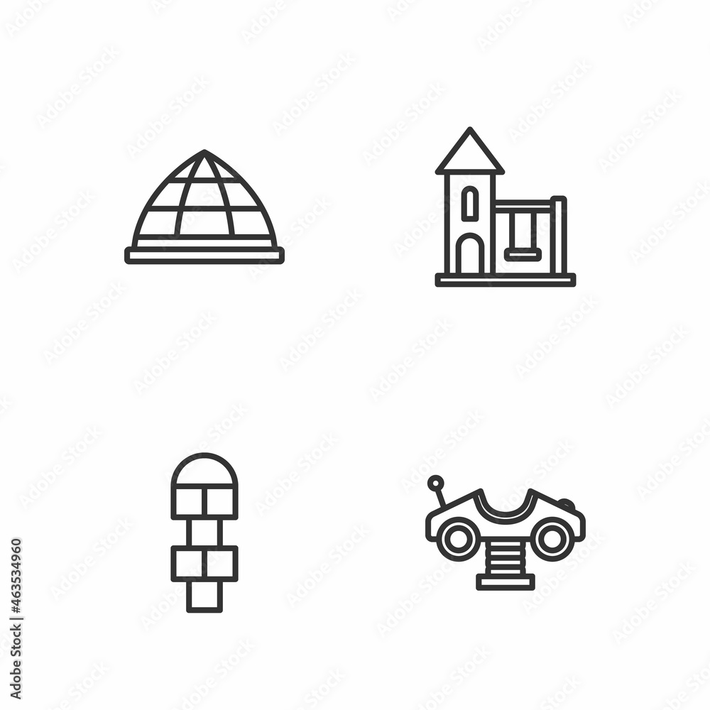 Set line Swing car, Hopscotch, Playground climbing equipment and for kids icon. Vector