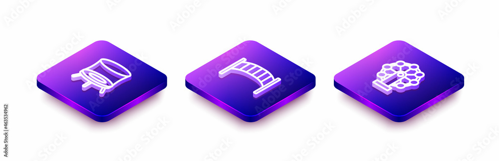 Set Isometric line Jumping trampoline, Playground kids bridge and Ferris wheel icon. Vector Set Isometric line Jumping trampoline, Playground kids bridge and Ferris wheel icon. Vector