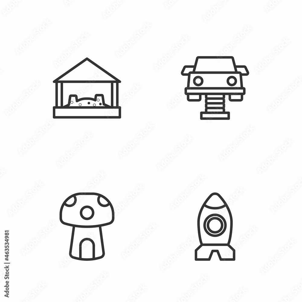 Set line Rocket ship toy, Mushroom house, Sandbox with sand and Swing car icon. Vector Set line Rocket ship toy, Mushroom house, Sandbox with sand and Swing car icon. Vector