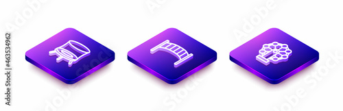 Set Isometric line Jumping trampoline, Playground kids bridge and Ferris wheel icon. Vector