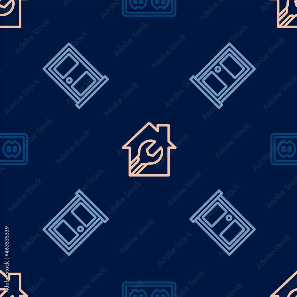 Set line Electrical outlet, Closed door and House with wrench spanner on seamless pattern. Vector Set line Electrical outlet, Closed door and House with wrench spanner on seamless pattern. Vector