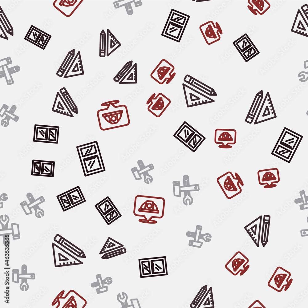 Set line Window in room, Triangular ruler and pencil, Hammer wrench spanner and Worker safety helmet on seamless pattern. Vector Set line Window in room, Triangular ruler and pencil, Hammer wrench spanner and Worker safety helmet on seamless pattern. Vector