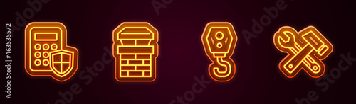 Set line Security keypad access panel, Chimney, Crane hook and Hammer and wrench spanner. Glowing neon icon. Vector