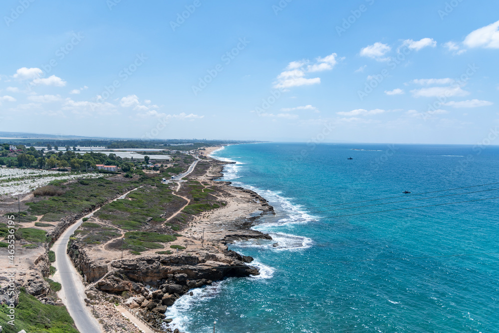 Mediterranean sea, white chalk rocks and some beaches captured from Rosh HaniKra formation in Israel. High quality photo