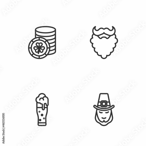 Set line Leprechaun, Glass of beer, Golden leprechaun coin and Mustache and beard icon. Vector