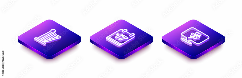 Set Isometric line Harp, Saint Patricks day with calendar and Clover trefoil leaf icon. Vector Set Isometric line Harp, Saint Patricks day with calendar and Clover trefoil leaf icon. Vector