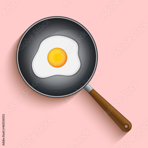 Fried eggs in a frying pan isolated on pink background. Perfect fried egg over breakfast. Vector illustration
