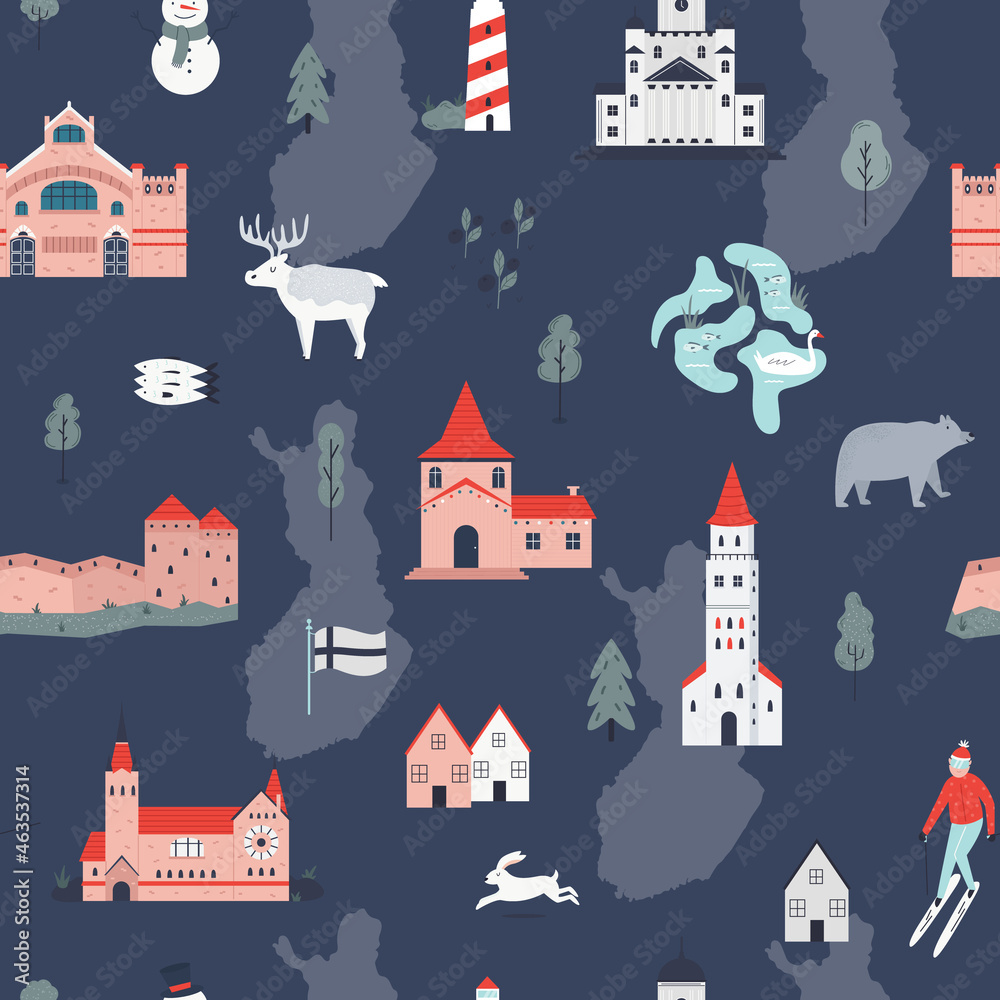 Seamless pattern with symbols and landmarks of Finland