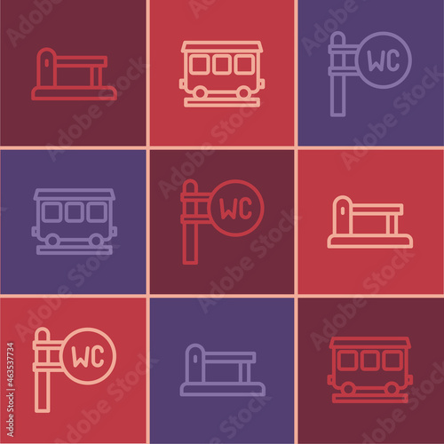 Set line Railway barrier, Toilet and Passenger train cars icon. Vector