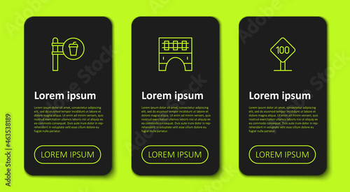 Set line Cafe and restaurant location, Bridge for train and Speed limit traffic sign 100 km. Business infographic template. Vector