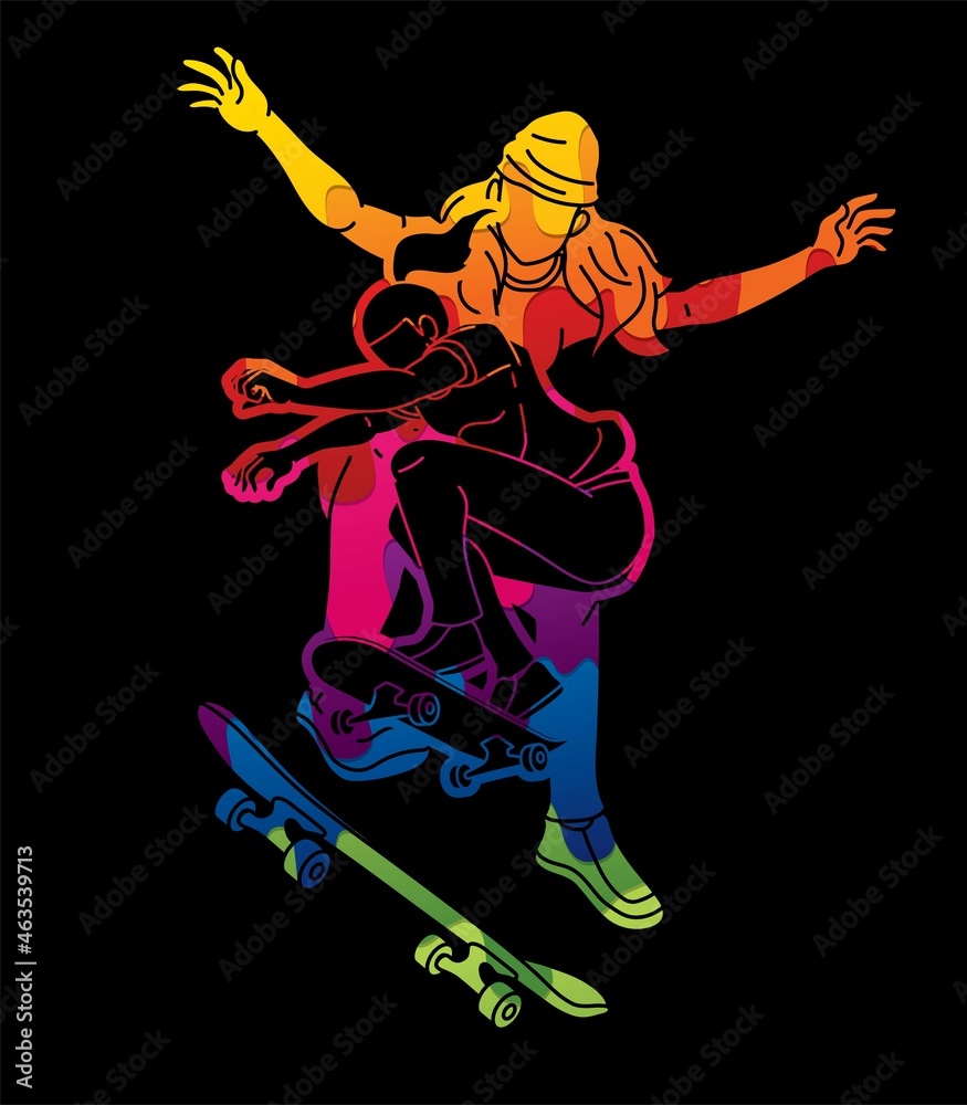 Group of People Playing Skateboard Extreme Sport Action Cartoon Graphic Vector