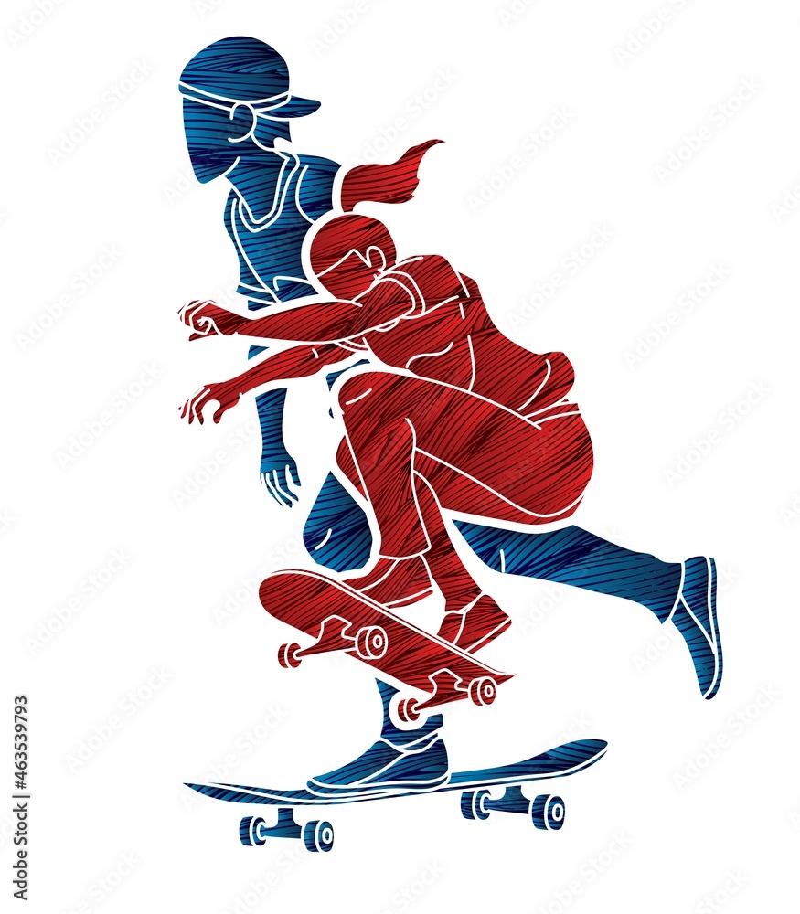 Obraz premium Group of People Playing Skateboard Extreme Sport Action Cartoon Graphic Vector