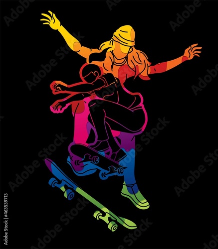 Group of People Playing Skateboard Extreme Sport Action Cartoon Graphic Vector