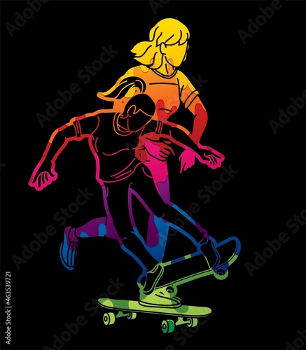 Fototapeta Naklejka Na Ścianę i Meble -  Group of People Playing Skateboard Extreme Sport Action Cartoon Graphic Vector