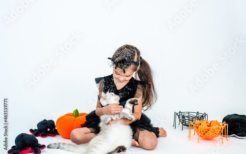 Cute european kid girl in halloween costumes with cat  having fun in halloween celebration. Photo on white background
