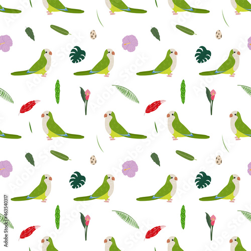 Seamless pattern with monk parakeet Quaker, tropical leaves and flowers. Cute baby print for fabric and textile.