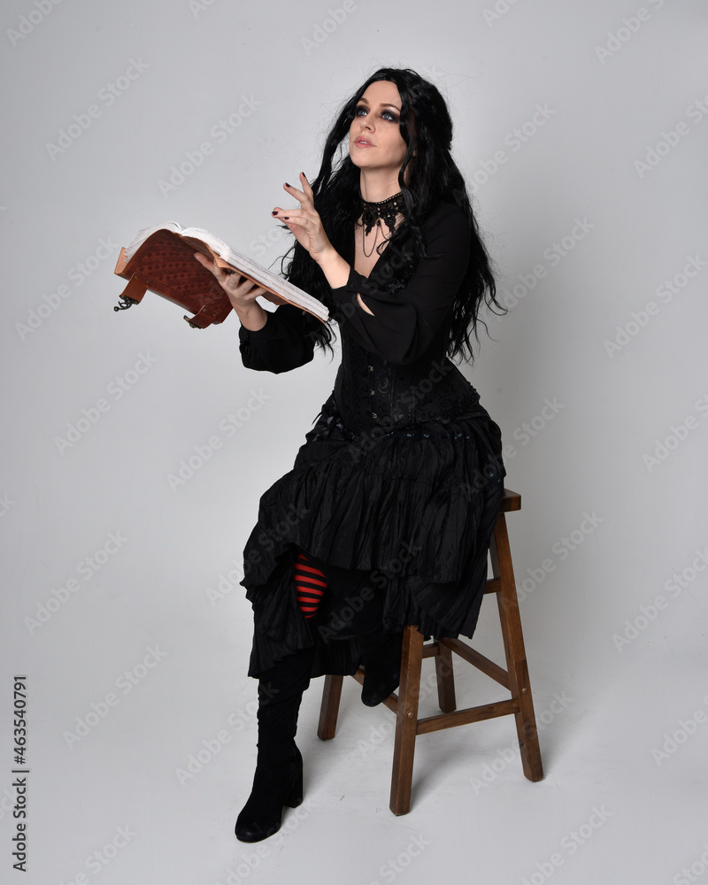 Fototapeta premium Full length portrait of dark haired woman wearing black victorian witch costume. sitting pose on a chair, with gestural hand movements, against studio background.