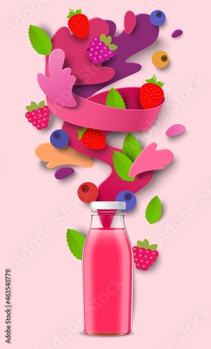 Berry juice packaging glass bottle, paper cut forest fruits, liquid splash, drops. Healthy drink, vector illustration.