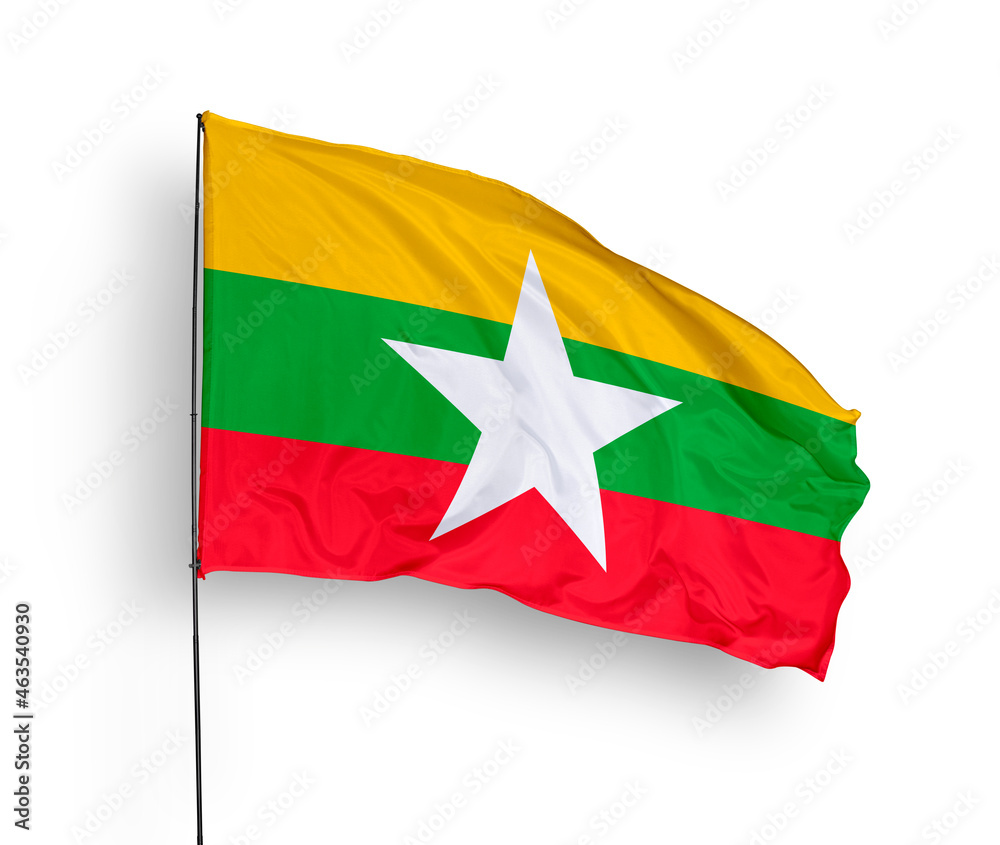 Myanmar flag isolated on white background. close up waving flag of Myanmar. flag symbols of Myanmar. Concept of Myanmar.